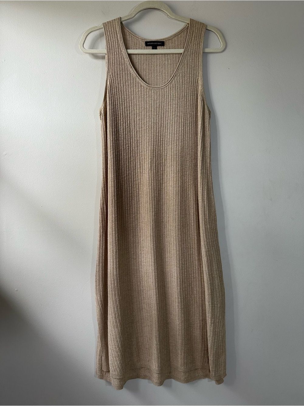 Banana Republic Sleeveless Linen Blend Ribbed Knit Beige Midi Dress Sz L Summer